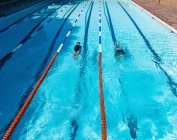 Vista alta de jovens nadadores masculinos e femininos nadando de costas subaquáticas na piscina — Fotografia de Stock