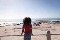 Вид сзади на африканско-американскую красивую женщину, стоящую на пляже. Глядя на горизонт — стоковое фото