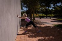 Vista lateral de uma mulher idosa ativa se exercitando e se estendendo contra uma parede no parque em um dia ensolarado — Fotografia de Stock