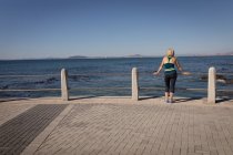 Rückansicht einer aktiven Seniorin, die sich unter der Sonne an die Leitplanke einer Promenade vor dem Meer lehnt — Stockfoto