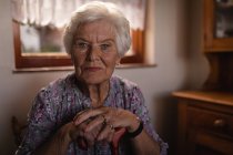 Retrato de uma mulher idosa ativa sentada com a bengala e olhando para a câmera na cozinha em casa — Fotografia de Stock