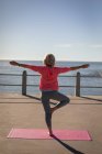 Visão traseira de uma mulher sênior ativa realizando ioga em um mapa de fitness em um passeio em frente ao mar — Fotografia de Stock
