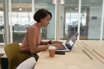 Вид сбоку на азиатскую бизнесвумен с помощью ноутбука на столе в офисе — стоковое фото