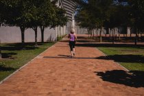 Вид ззаду на активну старшу жінку, яка біжить в парку в сонячний день — стокове фото