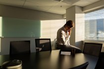Vista lateral de un joven ejecutivo hablando por teléfono móvil mientras está sentado sobre la mesa en una oficina moderna - foto de stock