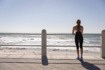 Вид сзади на женщину, стоящую у моря на набережной в солнечный день. Она наблюдает за волнами — стоковое фото