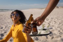 Vista lateral do jovem casal afro-americano brindando garrafa de cerveja na praia no dia ensolarado — Fotografia de Stock