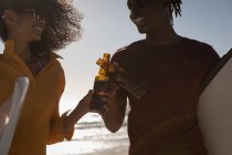 Vista laterale della coppia afroamericana che brinda alla bottiglia di birra mentre tiene lo skateboard in spiaggia in una giornata di sole — Foto stock