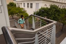 Blick aus der Vogelperspektive auf junge Mischlingshündin, die auf Treppen in der Stadt turnt — Stockfoto