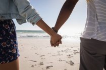 Rückansicht eines Paares, das sich an einem sonnigen Tag am Strand an der Hand hält — Stockfoto