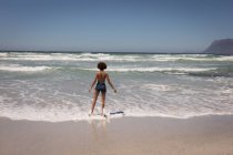 Vue arrière de jeune femme métisse debout à la plage par une journée ensoleillée — Photo de stock