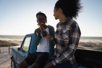 Seitenansicht eines glücklichen jungen afrikanisch-amerikanischen Paares, das an einem sonnigen Tag mit einer Bierflasche im Auto am Strand anstößt — Stockfoto