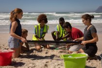 Вид спереди группы мультиэтнических добровольцев, нашедших мусор с сеткой, сидя на коленях на пляже в солнечный день — стоковое фото