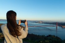 Vista posteriore della donna che scatta una foto di un ponte in una giornata di sole — Foto stock