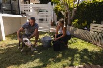 Vista frontale della coppia caucasica matura che pulisce il cane in giardino — Foto stock