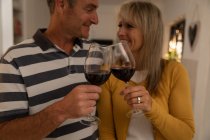 Вид счастливой взрослой белой пары, пьющей бокалы с вином на кухне, глядя друг на друга дома — стоковое фото