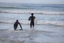 Vista trasera de Caucásico padre e hijo surfeando con tabla de surf en el mar - foto de stock
