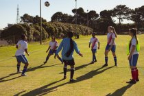 Vista trasera de diversas futbolistas que practican fútbol en el campo de deportes en un día soleado - foto de stock
