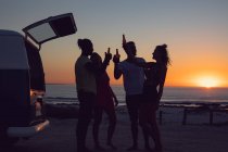 Vista lateral do grupo de diversos amigos tendo cerveja perto van campista durante o pôr do sol — Fotografia de Stock