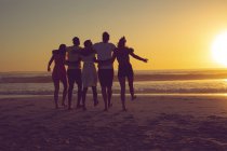 Vista trasera de diversos amigos con brazos alrededor caminando hacia la playa durante el atardecer - foto de stock