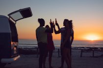 Vista lateral del grupo de diversos amigos tostando botellas de cerveza cerca de autocaravana durante la puesta del sol - foto de stock