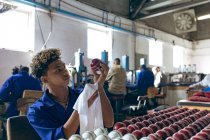 Вид сбоку на молодого смешанного гонщика, сидящего и полирующего крикетный мяч в конце производственной линии на заводе по производству крикетного мяча . — стоковое фото