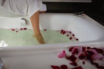 Sección baja de la mujer con un albornoz sumergiendo su pie en un baño lleno de agua y pétalos de rosa en un baño moderno . - foto de stock