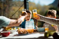 Вид спереди на двух кавказских мальчиков, сидящих за столом, наслаждающихся семейным завтраком в саду, родителей, поднимающих бокалы, чтобы произнести тост — стоковое фото