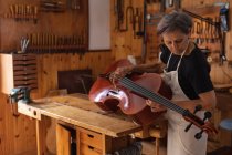 Front view of a senior Caucasian female luthier holding a cello in her workshop with tools hanging up on the wall in the background — Stock Photo