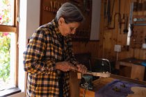 Vista lateral de una mujer luthier caucásica mayor trabajando en el pergamino de un violín en su taller con herramientas colgando en la pared en el fondo - foto de stock