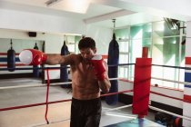 Vue de face d'un jeune boxeur masculin caucasien dans un gymnase de boxe frappant dans un ring de boxe — Photo de stock