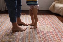 Vista lateral de una sección baja de la madre de pie sobre una alfombra con su bebé - foto de stock