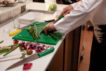 Вид сбоку средняя часть мужского шеф-повара рубят овощи на прилавке в кухне ресторана — стоковое фото