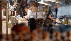 Vue latérale d'un chef caucasien d'âge moyen et d'un jeune homme afro-américain du personnel de cuisine travaillant dans une cuisine de restaurant occupée — Photo de stock