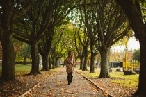 Жінка з руками в кишені ходить в парку — стокове фото