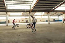 Seitenansicht von zwei jungen kaukasischen Männern, die in entgegengesetzter Richtung auf den Hinterrädern ihrer BMX-Räder balancieren, während sie in einer verlassenen Lagerhalle Tricks üben, während der Fahrer im Vordergrund vom Boden springt — Stockfoto