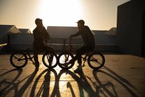 Vue latérale de deux jeunes hommes caucasiens assis sur des vélos BMX parlant sur le toit d'un entrepôt abandonné, rétroéclairé par le soleil couchant — Photo de stock