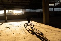 Vista lateral de un joven caucásico montando una bicicleta BMX mientras practica trucos en un almacén abandonado, retroiluminado por la luz del sol - foto de stock