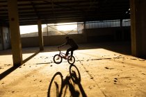 Vista lateral de un joven caucásico montado en la rueda trasera de una bicicleta BMX mientras practica trucos en un almacén abandonado, retroiluminado por la luz del sol - foto de stock