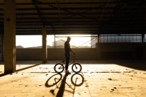 Вид сбоку молодого кавказца, стоящего с велосипедом BMX, практикующего трюки на заброшенном складе, освещенном солнечным светом — стоковое фото