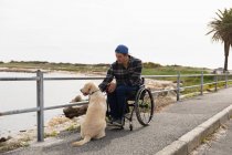 Vista frontal de un joven caucásico en silla de ruedas dando un paseo con su perro por el campo junto al mar - foto de stock