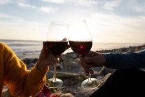 Mãos de um casal desfrutando de tempo livre relaxando juntos em uma praia ao lado do mar bebendo vinho em um dia ensolarado — Fotografia de Stock