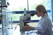 Estudante universitário fazendo experiência em microscópio em laboratório na faculdade — Fotografia de Stock