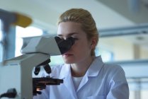 University student doing experiment on microscope in laboratory at college — Stock Photo
