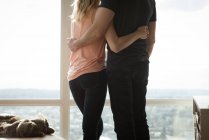 Rückansicht eines Paares, das sich im heimischen Wohnzimmer umarmt — Stockfoto