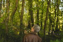 Visão traseira do homem pensativo em pé na floresta — Fotografia de Stock