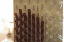 Close-up de tubos de texto em rack no laboratório de ciências — Fotografia de Stock