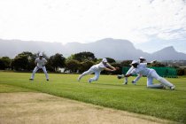 Vista lateral de un equipo de cricket masculino multiétnico adolescente con blancos, de pie en un campo de cricket, buceando para la pelota durante un partido en un día soleado. - foto de stock