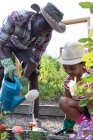 Афроамериканская девочка и ее отец социальное дистанцирование дома во время карантинной изоляции, проводить время в их саду вместе, посадка цветов, в солнечный день. — стоковое фото