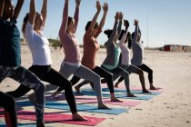 Side view of a multi-ethnic group of female friends enjoying exercising on a beach on a sunny day, practicing yoga, standing in yoga position. — Stock Photo